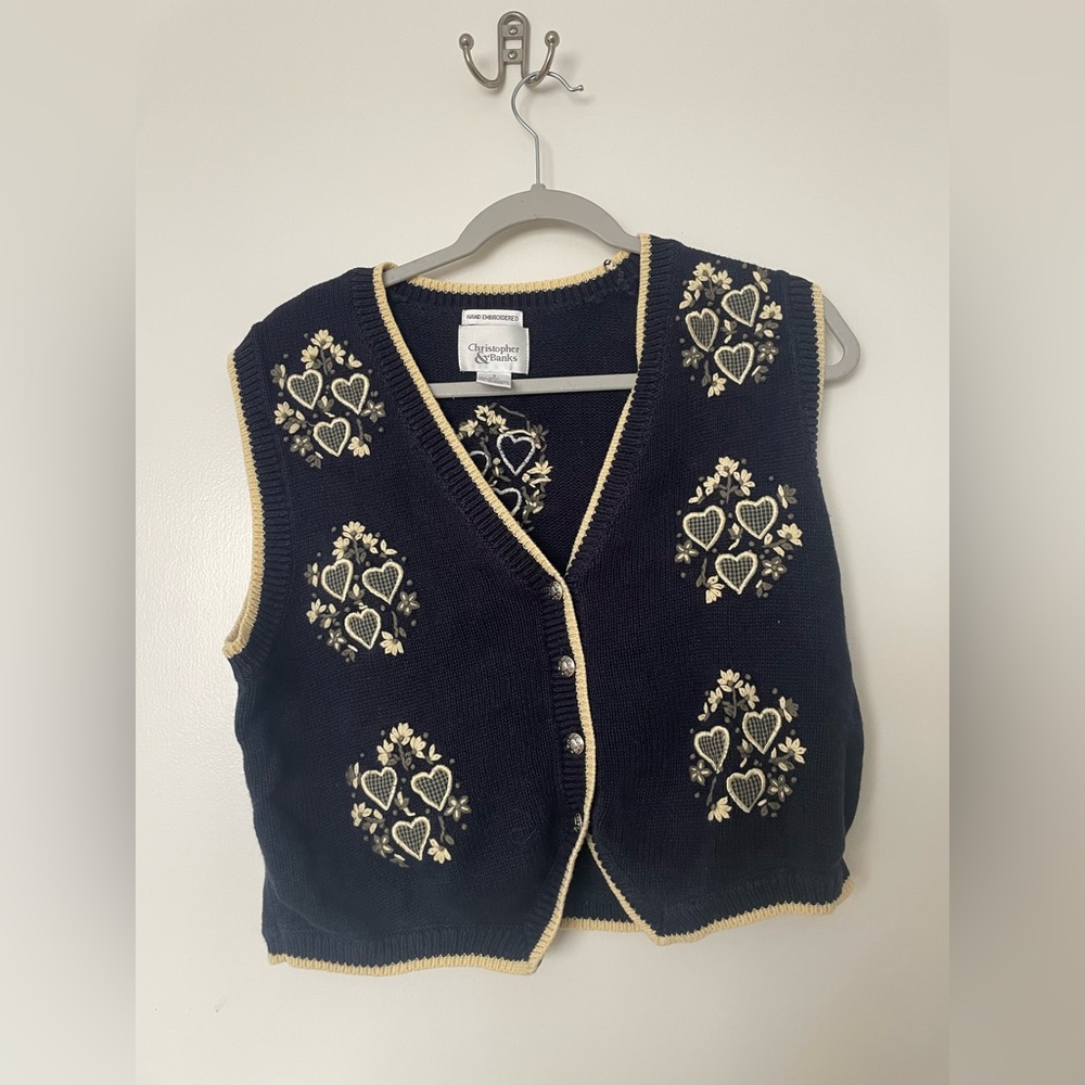 Christopher & Banks Navy Blue and Cream Cardigan Sweater Vest Hand Embroidered